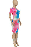 Euramerican Womne Trendy Printing Tie Dye Temperament Short Sleeve Mini Dress WME2042