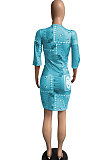 Printing Medium Length Sleeve V Neck High Waist Mini Dress AYL2028
