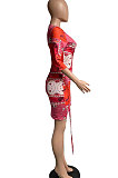Printing Medium Length Sleeve V Neck High Waist Mini Dress AYL2028
