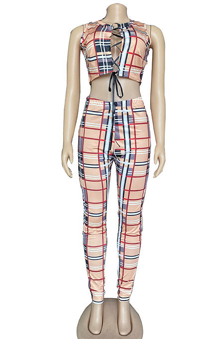 Sexy Bind Hollow Out Plaid Sleeveless Pants Sets CYC719