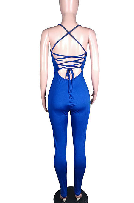 Fashion Sexy Pure Color Halter Neck Backless Eyelet Bind Bodycon Jumpsuits N9284