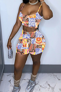 Fashion Irregularity Print Sling Vest Shorts Two-Piece WY6787