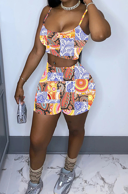 Fashion Irregularity Print Sling Vest Shorts Two-Piece WY6787