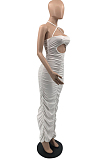 Fahion Pure Color Sling Fold Hole Long Dress QSS5082