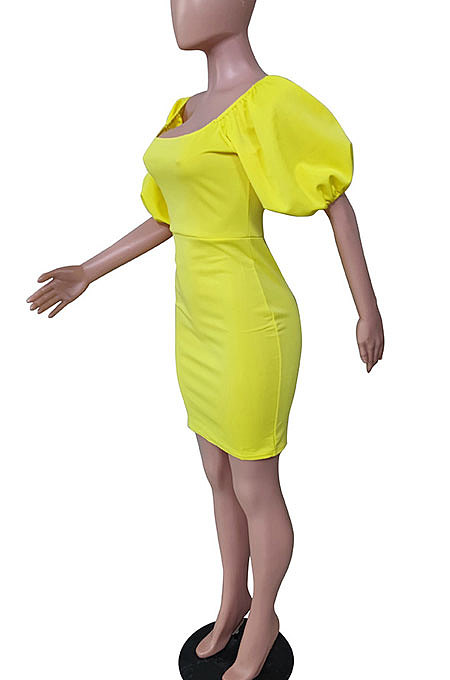 Round Neck Lantern Sleeve Sexy Package Buttocks Pure Color Mini Dress N9277