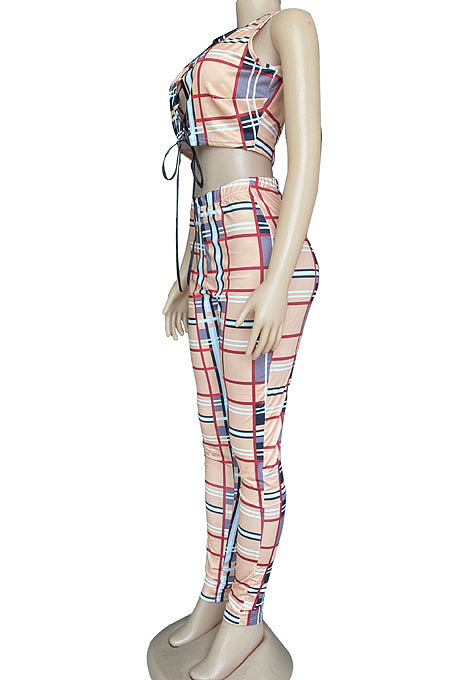 Sexy Bind Hollow Out Plaid Sleeveless Pants Sets CYC719
