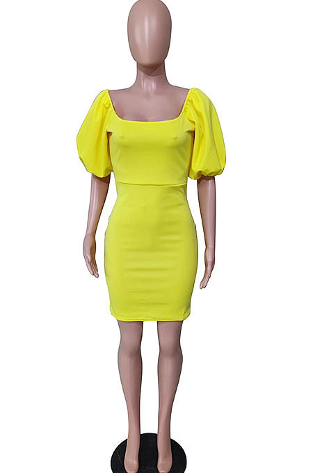 Round Neck Lantern Sleeve Sexy Package Buttocks Pure Color Mini Dress N9277