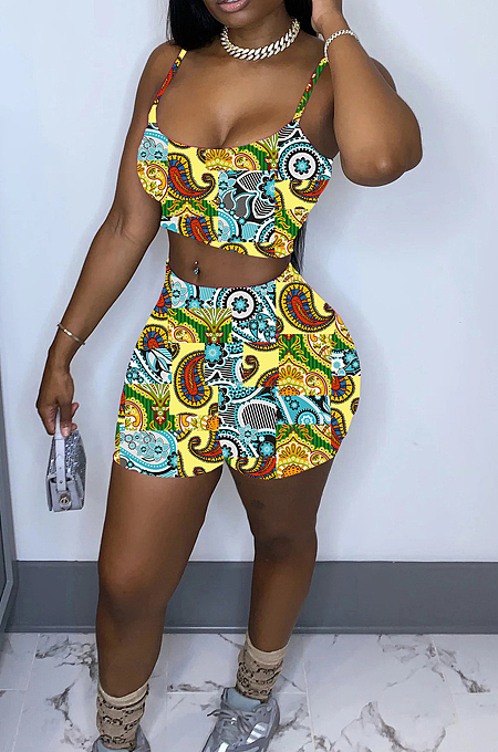 Fashion Irregularity Print Sling Vest Shorts Two-Piece WY6787