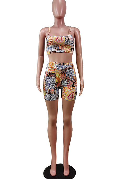 Fashion Irregularity Print Sling Vest Shorts Two-Piece WY6787