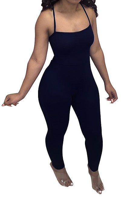 Fashion Sexy Pure Color Halter Neck Backless Eyelet Bind Bodycon Jumpsuits N9284