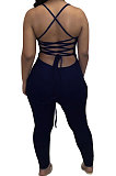 Fashion Sexy Pure Color Halter Neck Backless Eyelet Bind Bodycon Jumpsuits N9284
