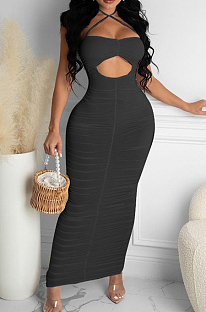 Fahion Pure Color Sling Fold Hole Long Dress QSS5082