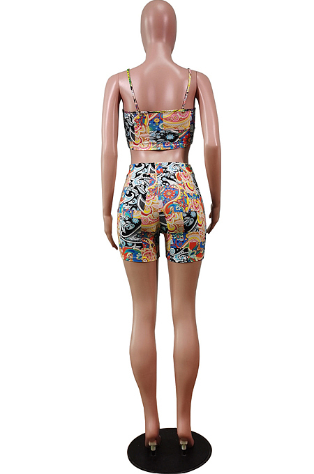 Fashion Irregularity Print Sling Vest Shorts Two-Piece WY6787