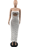 Fahion Pure Color Sling Fold Hole Long Dress QSS5082