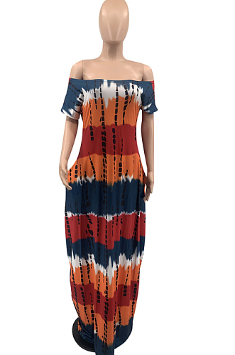 Sping Summer Print A Word Shoulder Long Dress QSS5077
