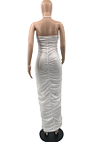 Fahion Pure Color Sling Fold Hole Long Dress QSS5082