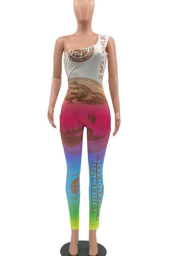 Positioning Printing Sexy One Shoulder Sleeveless Carry Buttock Sport Jumpsuit MLM9050