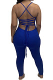 Fashion Sexy Pure Color Halter Neck Backless Eyelet Bind Bodycon Jumpsuits N9284