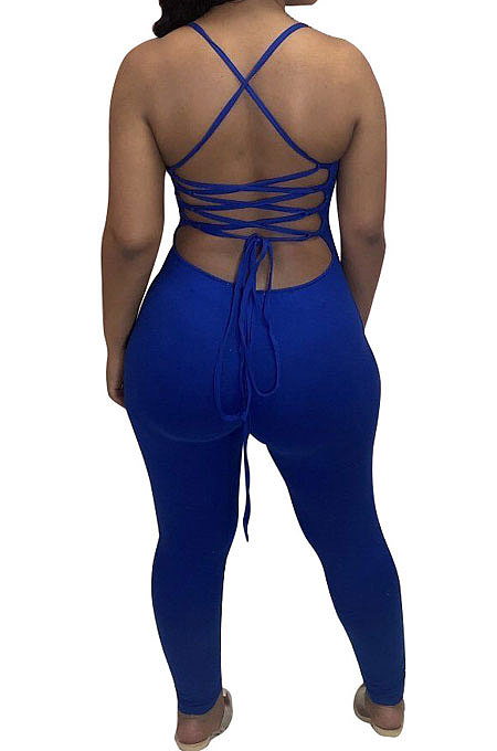 Fashion Sexy Pure Color Halter Neck Backless Eyelet Bind Bodycon Jumpsuits N9284