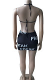 Black Temperament Commuter Letter High Waist Sexy Printing Package Buttocks Mini Dress CYC721