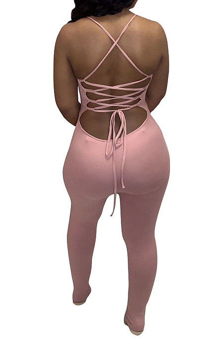 Fashion Sexy Pure Color Halter Neck Backless Eyelet Bind Bodycon Jumpsuits N9284