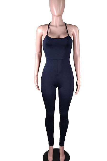 Fashion Sexy Pure Color Halter Neck Backless Eyelet Bind Bodycon Jumpsuits N9284