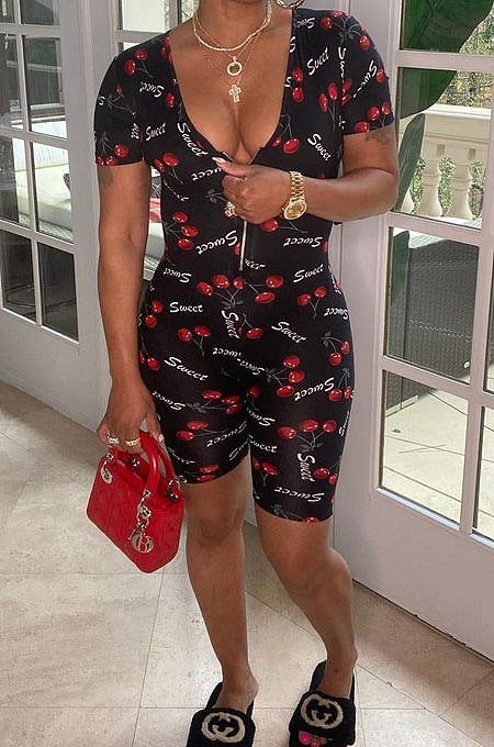 Trendy Sexy Dark V Zipper Romper Shorts N9283