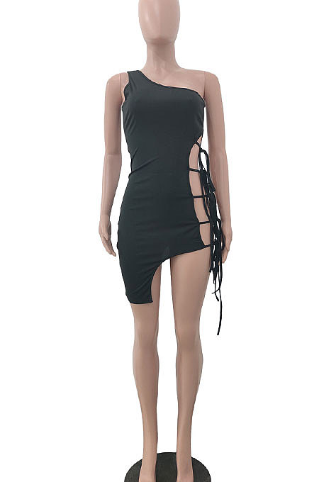 Sexy Pure Color One Shoulder Bind Irregular Hem Mini Dress JP1025
