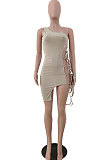 Sexy Pure Color One Shoulder Bind Irregular Hem Mini Dress JP1025