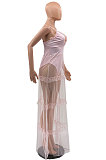 Sexy Mesh Spliced  V Neck Solid Color Backless Condole Belt Dress MLM9057