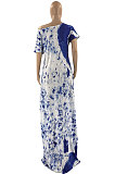 Women Blue Loose Positioning Printing Long Dress JR3611