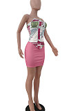 Fashion Casual Sleeveless Gallus Printing Skirts Sets JP1032