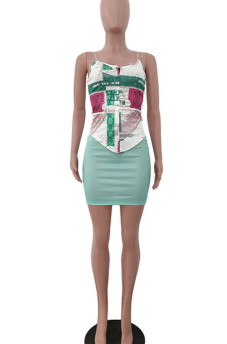 Fashion Casual Sleeveless Gallus Printing Skirts Sets JP1032