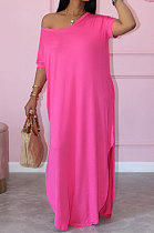 Women Summer Pure Color Loose Short Sleeve Long Dress JR3613