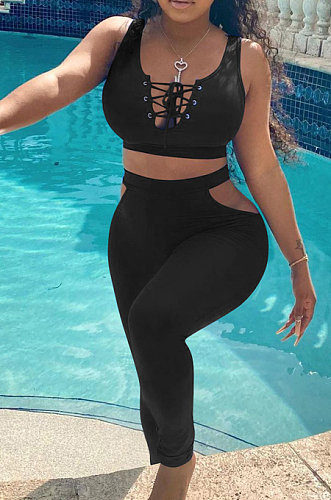 Sexy Chest Wrap Eyelet Bind Pure Color Two-Piece KK8250