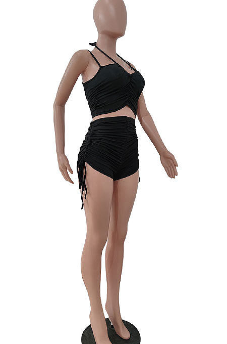 Sexy Gallus Ruffle Drawsting Zipper Pure Color Shorts Sets JP1028