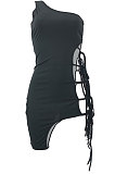 Sexy Pure Color One Shoulder Bind Irregular Hem Mini Dress JP1025