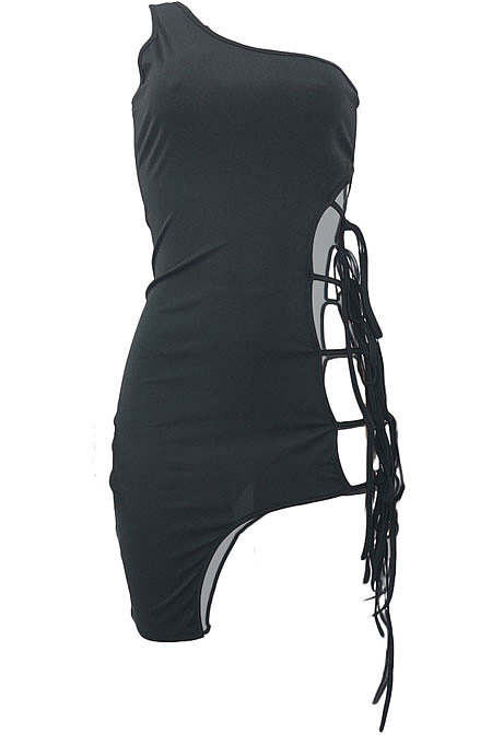 Sexy Pure Color One Shoulder Bind Irregular Hem Mini Dress JP1025