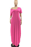 Women Summer Pure Color Loose Short Sleeve Long Dress JR3613