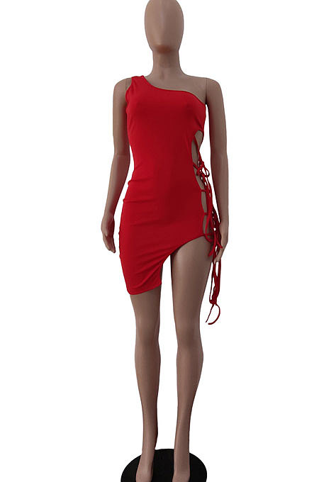 Sexy Pure Color One Shoulder Bind Irregular Hem Mini Dress JP1025