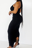 Casual Pure Color Sexy Fold Vest Ling Dress HH8965