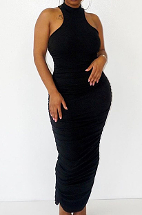 Casual Pure Color Sexy Fold Vest Ling Dress HH8965