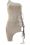 Sexy Pure Color One Shoulder Bind Irregular Hem Mini Dress JP1025