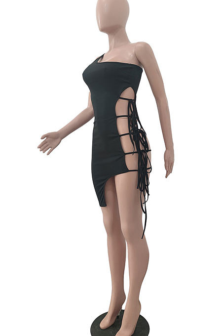 Sexy Pure Color One Shoulder Bind Irregular Hem Mini Dress JP1025