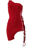 Sexy Pure Color One Shoulder Bind Irregular Hem Mini Dress JP1025