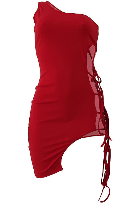 Sexy Pure Color One Shoulder Bind Irregular Hem Mini Dress JP1025
