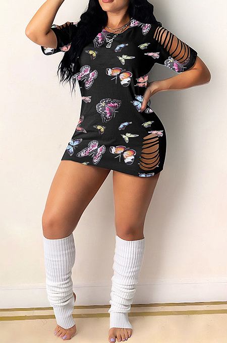 Euramerican Fashion Butterfly Print Hurnt Flower Dress WJ5210