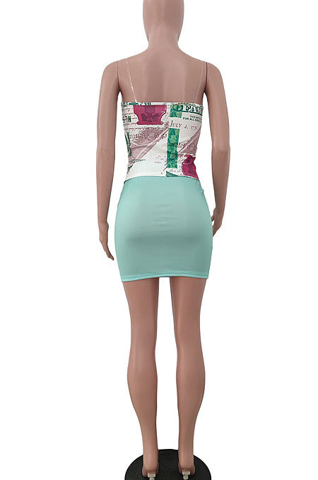 Fashion Casual Sleeveless Gallus Printing Skirts Sets JP1032