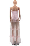 Sexy Mesh Spliced  V Neck Solid Color Backless Condole Belt Dress MLM9057
