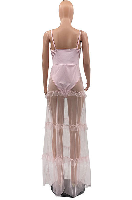 Sexy Mesh Spliced  V Neck Solid Color Backless Condole Belt Dress MLM9057